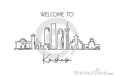 Single continuous line drawing Kinshasa city skyline, Congo. Famous city scraper and landscape home wall decor poster print art. Vector Illustration