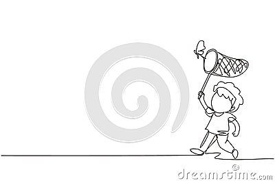 Single continuous line drawing little boy catches butterfly. Happy child runs at garden. Happy kids catching bugs in the field. Vector Illustration