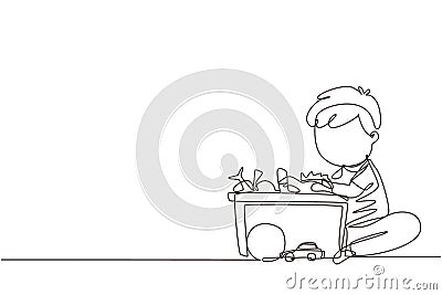 Single continuous line drawing little boy putting his toys into box. Kids doing housework chores at home concept. Smiling child Vector Illustration