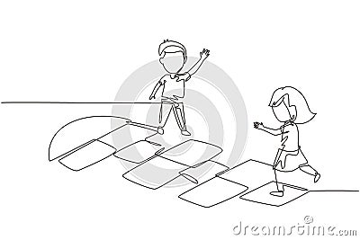 Single continuous line drawing little girl and boy playing hopscotch at kindergarten yard. Happy kids hopping at playground. Hop Vector Illustration