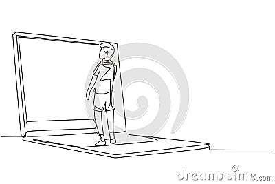 Single continuous line drawing male junior high school student writing on giant laptop screen like he was writing on whiteboard. Vector Illustration