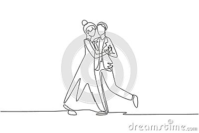 Single continuous line drawing man woman professional dancer couple dancing tango, waltz dances on dancing contest dancefloor. Vector Illustration