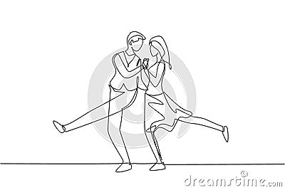 Single continuous line drawing man and woman professional dancer couple dancing tango, waltz dances on dancing contest. Romantic Vector Illustration