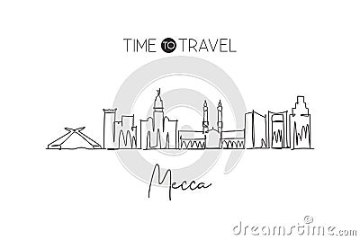 Single continuous line drawing of Mecca holy city skyline, Saudi Arabia. Famous city scraper landscape. World travel home decor Vector Illustration