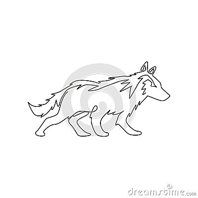 Single continuous line drawing of mysterious wolf for e-sport team logo identity. Strong wolves mascot concept for national park Vector Illustration