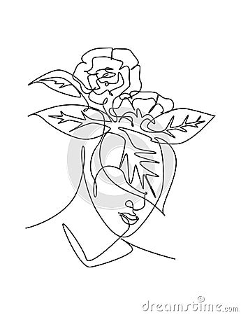 Single continuous line drawing nature portrait minimalist. Flower bouquet head concept. Beauty floral cosmetic salon abstract face Cartoon Illustration