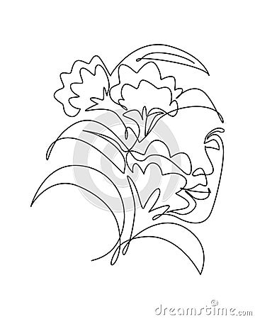 Single continuous line drawing nature portrait minimalist. Flower bouquet head concept. Beauty floral cosmetic salon abstract face Cartoon Illustration