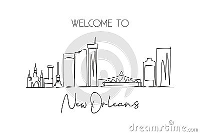 Single continuous line drawing New Orleans city skyline, Louisiana, USA. Famous city landscape. World travel concept home wall Vector Illustration