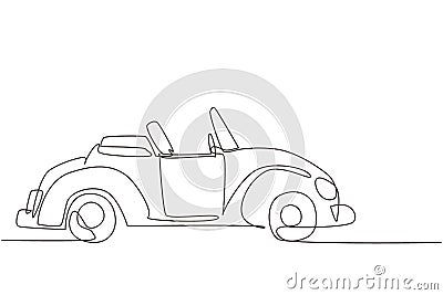 Single continuous line drawing old retro convertible car parked at city street. Symbol of collectors car and automotive. Vintage Vector Illustration