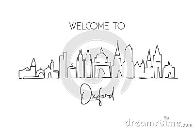 Single continuous line drawing Oxford skyline, England. Famous city scraper landscape gallery. World travel home wall decor art Vector Illustration