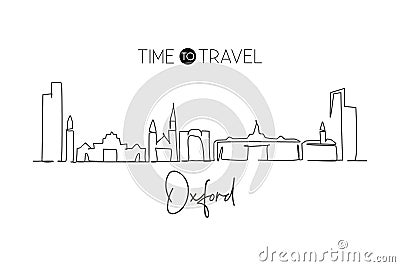 Single continuous line drawing Oxford skyline, Ohio. Famous city scraper landscape gallery. World travel home wall decor art Vector Illustration