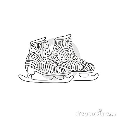 Single continuous line drawing pair of figure skates. White women Ice skates. Freezing winter day. Ice skating outdoor activities Vector Illustration