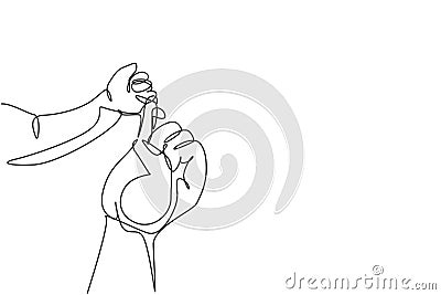 Single continuous line drawing parent hands holding newborn baby fingers. Close up mother's hand Vector Illustration