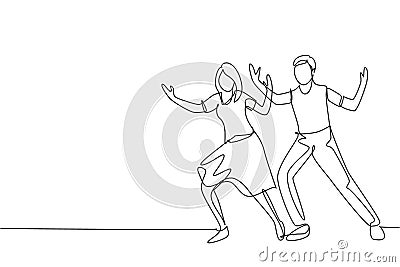 Single continuous line drawing people dancing salsa. Couples, man and woman in dance. Pairs of dancers with waltz tango and salsa Vector Illustration
