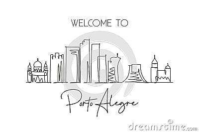 Single continuous line drawing of Porto Alegre city skyline, Brazil. Famous city scraper landscape. World travel destination Vector Illustration