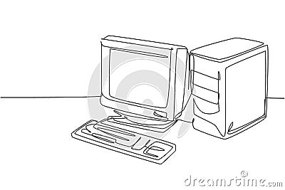Single continuous line drawing of of retro old classic personal computer processor unit. Vintage cpu with analog monitor and Vector Illustration