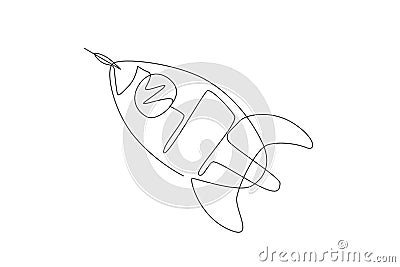 Single continuous line drawing rocket launch fly into the sky universe. Vintage spacecraft rocketship. Simple retro outer space Vector Illustration