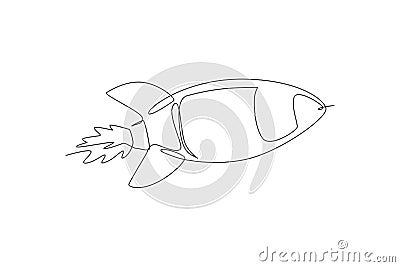 Single continuous line drawing rocket launch fly into the sky universe. Vintage spacecraft rocketship. Simple retro outer space Vector Illustration