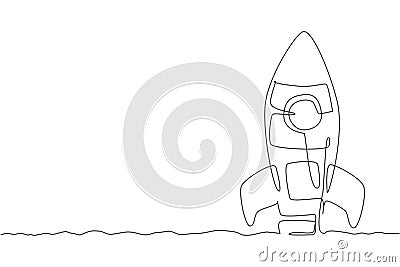 Single continuous line drawing rocket launch fly into the sky universe. Vintage spacecraft rocketship. Simple retro outer space Vector Illustration