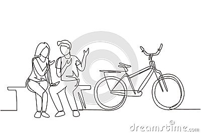 Single continuous line drawing romantic couple chatting while sitting on bench. Romantic teenage couple ride bike. Young man and Vector Illustration