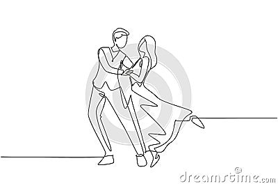 Single continuous line drawing romantic man and woman professional dancer couple dancing tango, waltz dances on dancing contest Vector Illustration