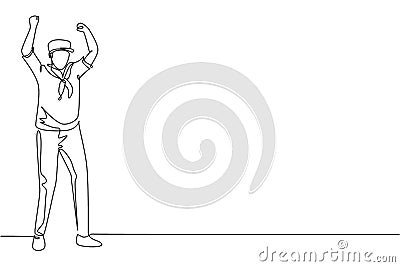 Single continuous line drawing sailor man stands with celebrate gesture and scarf join cruise ship carrying passengers traveling Vector Illustration