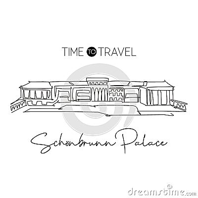 Single continuous line drawing SchÃ¶nbrunn Palace landmark. Most beautiful place in Hietzing, Vienna. World travel home wall decor Cartoon Illustration