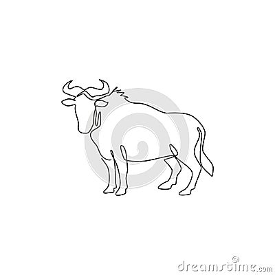 Single continuous line drawing of sturdy wildebeest for organisation logo identity. Big gnu mascot concept for national safari Vector Illustration