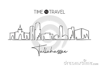 Single continuous line drawing of Tallahassee skyline, Florida. Famous city scraper landscape. World travel home wall decor art Vector Illustration