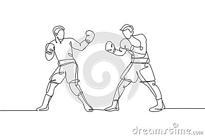 Single continuous line drawing of two young agile men boxer provoke rival at boxing match. Fair combative sport concept. Trendy Cartoon Illustration