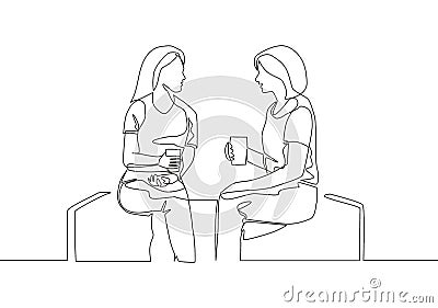 Single continuous line drawing of two young female worker have a casual chat over drink coffee during office break Vector Illustration