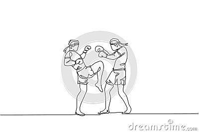 Single continuous line drawing of two young sportive men training thai boxing at gym club center. Combative muay thai sport Vector Illustration