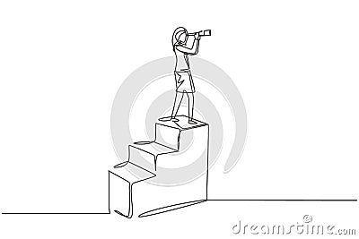 Single continuous line drawing vision concept in business of businesswoman and telescope, monocular. Symbol leadership, strategy, Vector Illustration