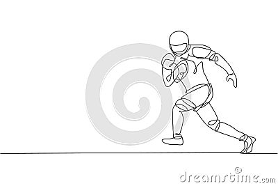 Single continuous line drawing of young agile man american football player run fast to avoid rival team for competition media. Cartoon Illustration