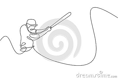 Single continuous line drawing of young agile man baseball player hit the ball home run so hard. Sport exercise concept. Trendy Cartoon Illustration