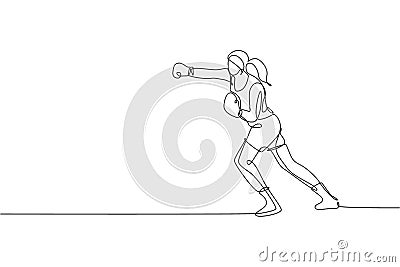 Single continuous line drawing of young agile woman boxer practice punch attack the rival. Fair combative sport concept. Trendy Cartoon Illustration