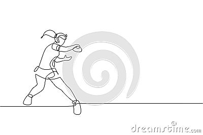 Single continuous line drawing of young agile woman table tennis player hit the ball. Sport exercise concept. Trendy one line draw Cartoon Illustration