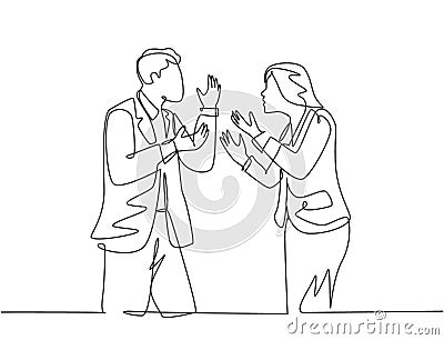 Single continuous line drawing of young angry businessman and businesswoman debating business project at the office. Business deal Vector Illustration