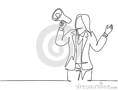 Single continuous line drawing of young angry businesswoman shouting loudly using megaphone to train her speak. Public speaking Vector Illustration