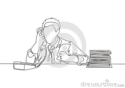 Single continuous line drawing of young angry worker mad at phone call beside pile of papers on his desk. Anger management Cartoon Illustration