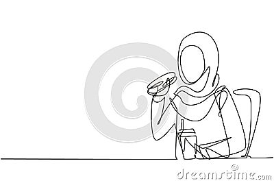 Single continuous line drawing young Arabian woman having hamburger meal and drink cup of cola with hand. Happy and enjoy lunch at Vector Illustration