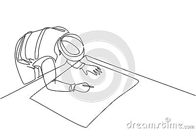 Single continuous line drawing of young architect draw sketch draft construction design on drawing table. Building architecture Cartoon Illustration