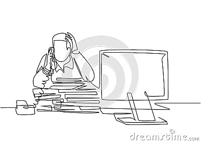 Single continuous line drawing of young bored male worker receiving phone call from customer behind stack of paper. Daily overload Vector Illustration