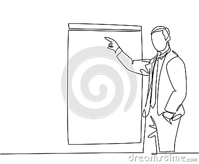 Single continuous line drawing of young business coach pointing finger to the screen board while coaching in front of class. Vector Illustration