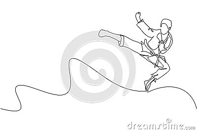 Single continuous line drawing of young confident karateka man in kimono practicing karate combat at dojo. Martial art sport Vector Illustration
