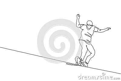 Single continuous line drawing of young cool skateboarder man riding skate and performing slide trick in skate park. Practicing Vector Illustration