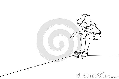 Single continuous line drawing young cool skateboarder woman riding skate and performing trick in skate park. Practicing outdoor Vector Illustration