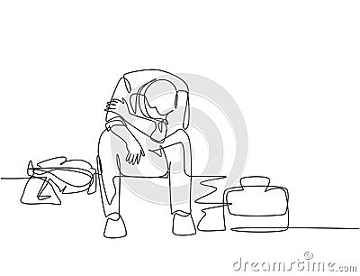 Single continuous line drawing of young depressed male manager bowed limply on chair after he got sacked from the work office. Job Vector Illustration