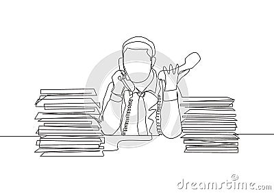 Single continuous line drawing of young dizzy male customer service worker receiving many call in front of stack of papers Cartoon Illustration