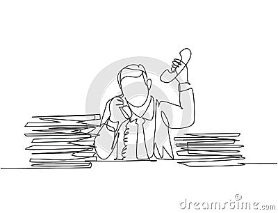 Single continuous line drawing of young dizzy male customer service worker receiving many call in front of stack of papers. Vector Illustration